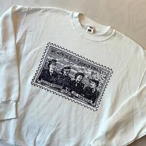 🇺🇸 Vintage 90s Postage Stamp Sweatshirt L Women In Military Graphic White